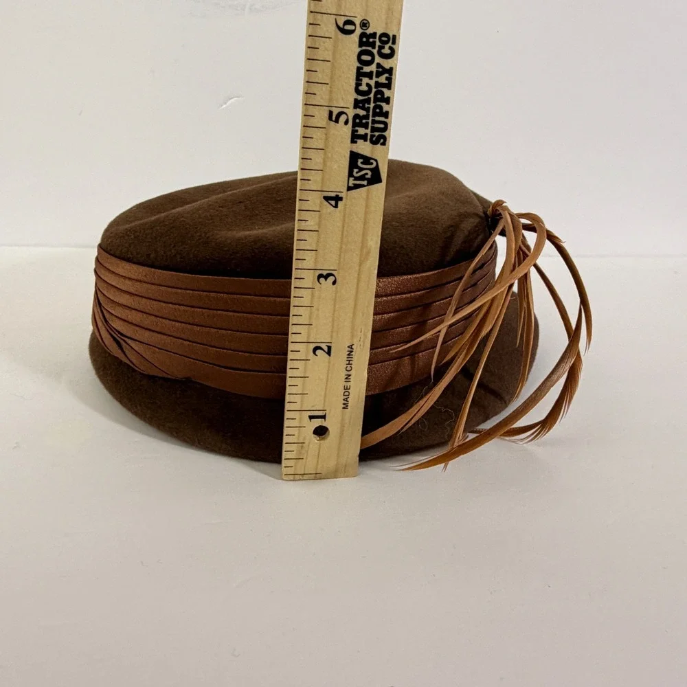 Vintage Deluxe Velour Brown Felt Tilt Hat Feather Cocktail Church Fascinator
